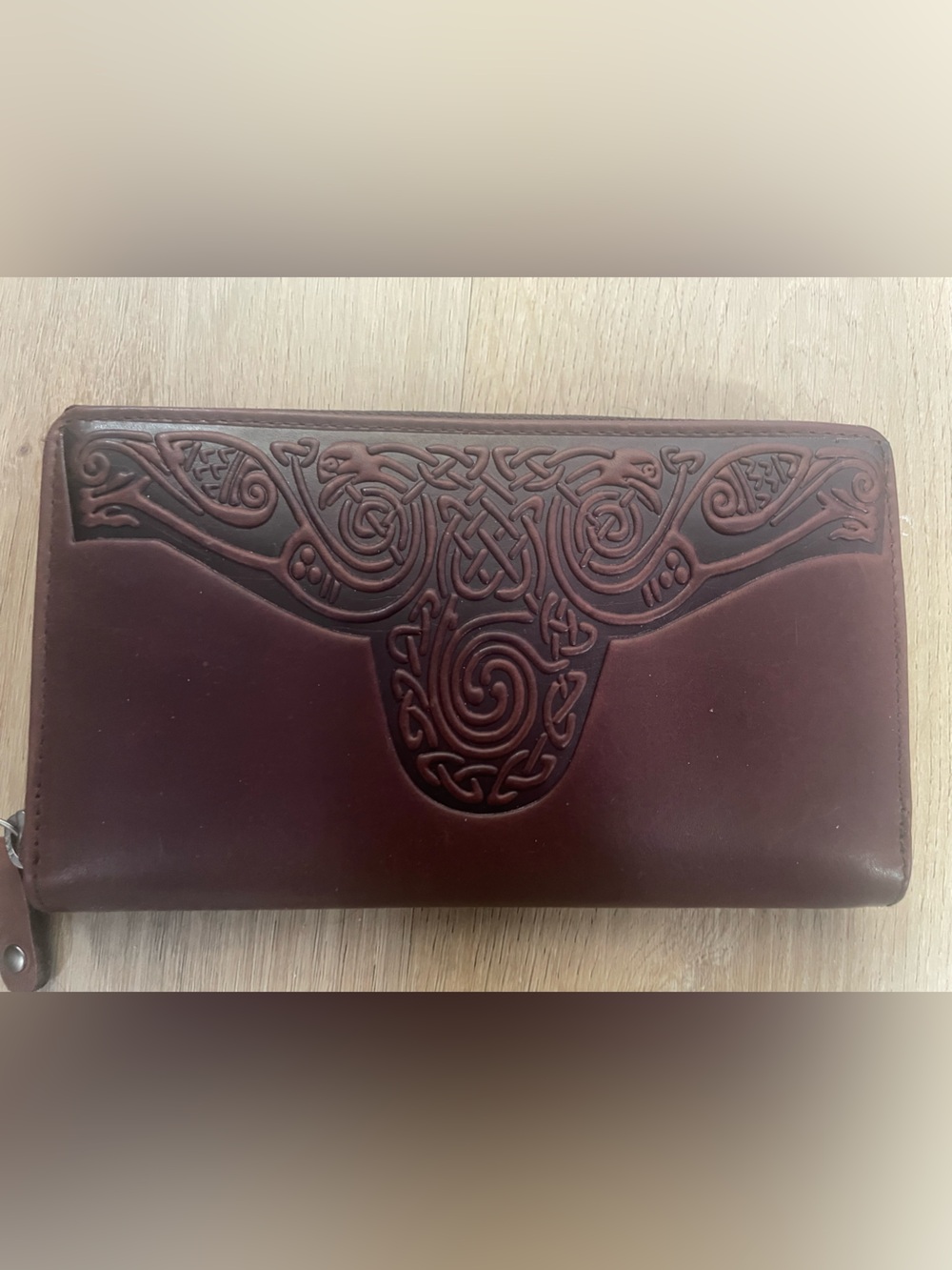 Embossed Celtic Pattern Brown Leather Zip Continental Roisin Wallet